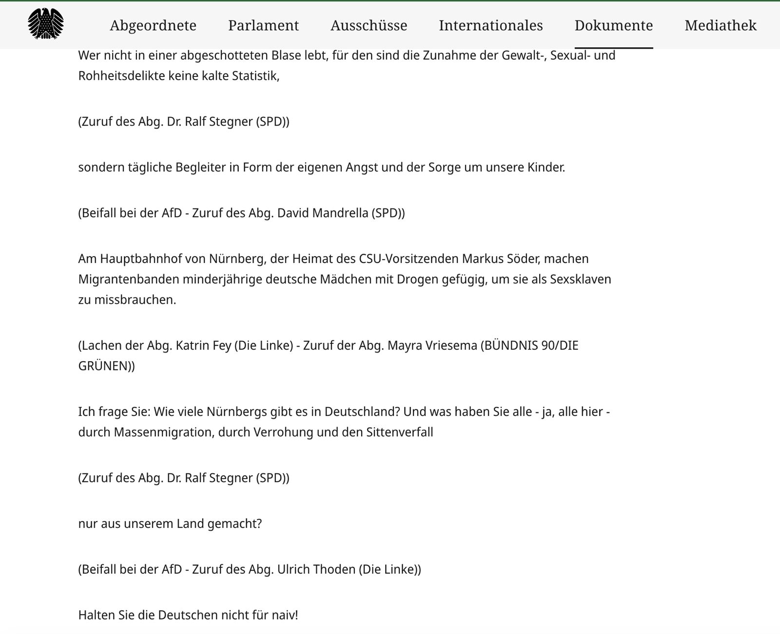 Auszug aus dem Bundestagsprotokoll vom gestrigen Donnerstag