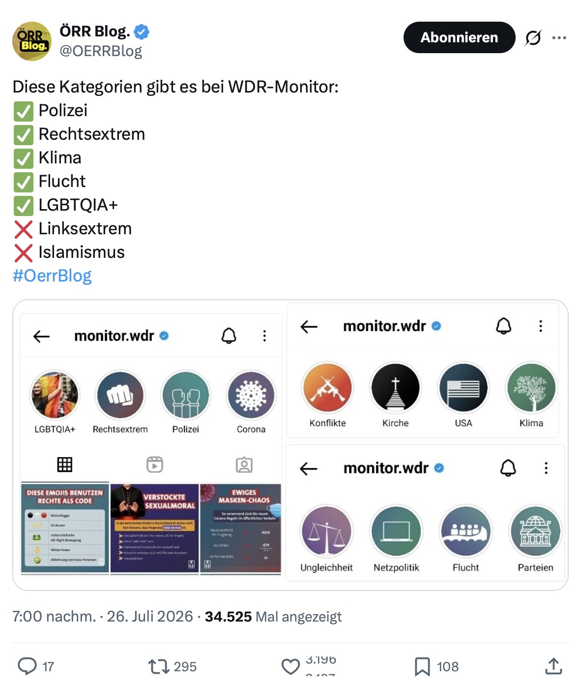 Islamismus ist für WDR Monitor kein relevantes Thema (Screenshot: X).