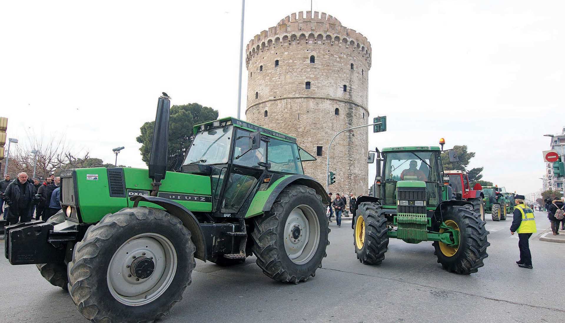 Greece farmer protests at White Tower during trade fair opening