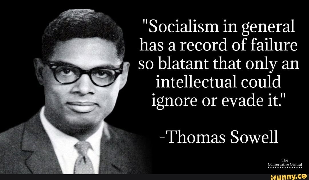 Socialism in general has a record of failure so blatant that only an  intellectual could ignore or evade it.' -Thomas Sowell - iFunny